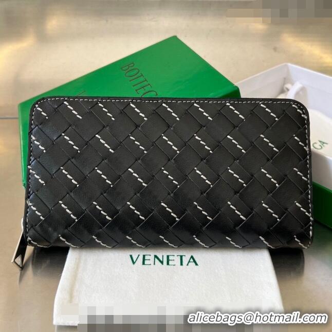 Famous Brand Bottega Veneta Intrecciato Leather Zipped Around Wallet with All-over Stitching 749427 Black 2024