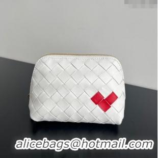 Top Quality Bottega Veneta Intrecciato Leather Beauty Pouch with Red Heart 764044 White 2024