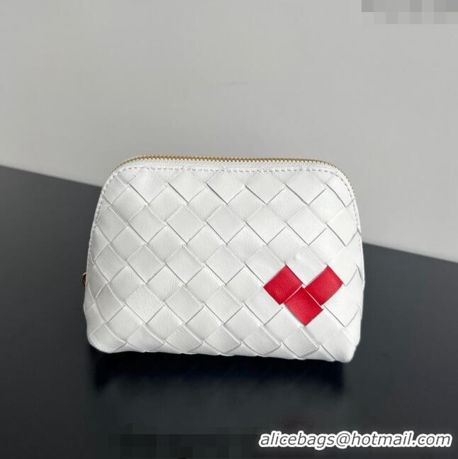 Top Quality Bottega Veneta Intrecciato Leather Beauty Pouch with Red Heart 764044 White 2024