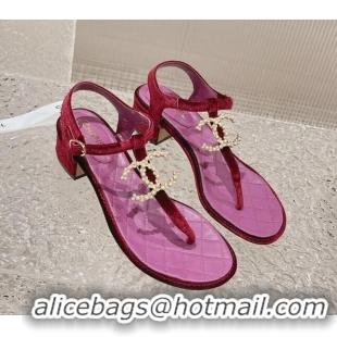 Generous Chanel Velvet Heel Thong Sandals 4cm with Pears CC Purple 322112