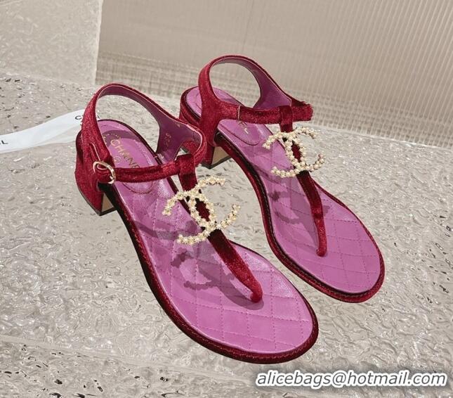 Generous Chanel Velvet Heel Thong Sandals 4cm with Pears CC Purple 322112