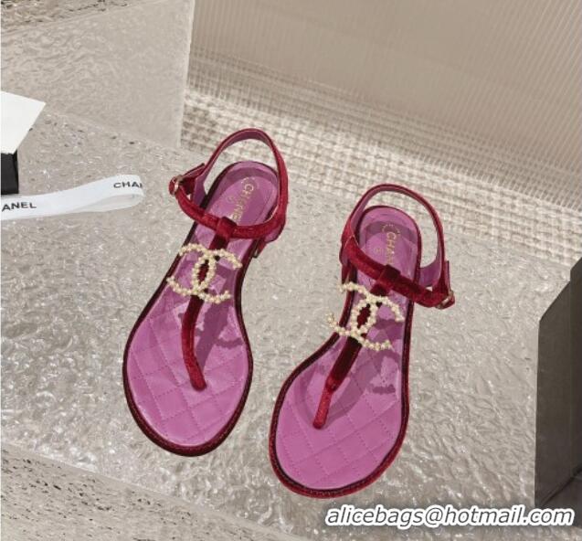 Generous Chanel Velvet Heel Thong Sandals 4cm with Pears CC Purple 322112