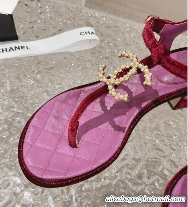 Generous Chanel Velvet Heel Thong Sandals 4cm with Pears CC Purple 322112