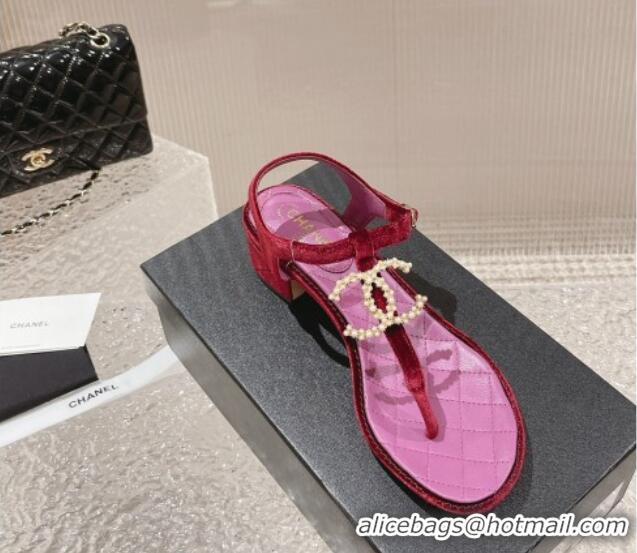 Generous Chanel Velvet Heel Thong Sandals 4cm with Pears CC Purple 322112