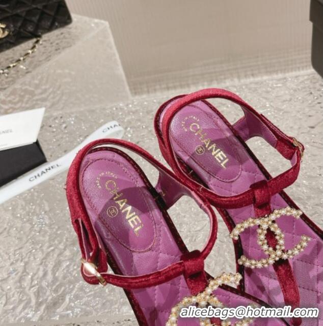 Generous Chanel Velvet Heel Thong Sandals 4cm with Pears CC Purple 322112