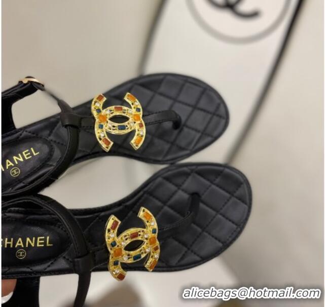 Lowest Price Chanel Lambskin Heel Thong Sandals 4cm with Stone CC Black 322113