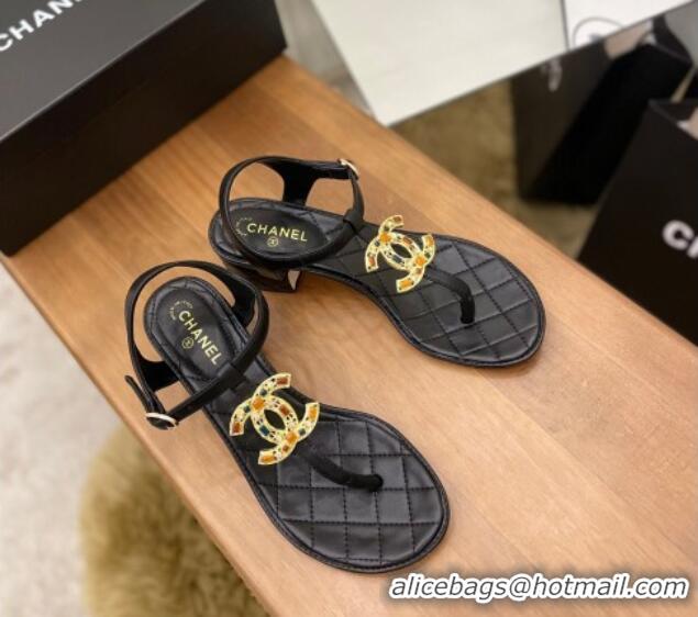 Lowest Price Chanel Lambskin Heel Thong Sandals 4cm with Stone CC Black 322113