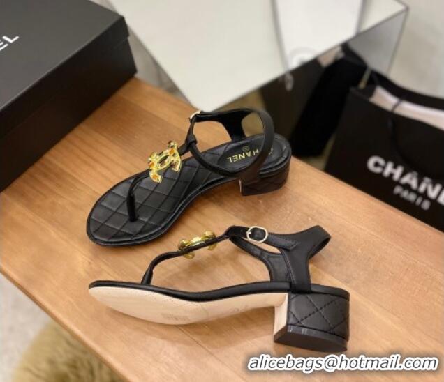 Lowest Price Chanel Lambskin Heel Thong Sandals 4cm with Stone CC Black 322113