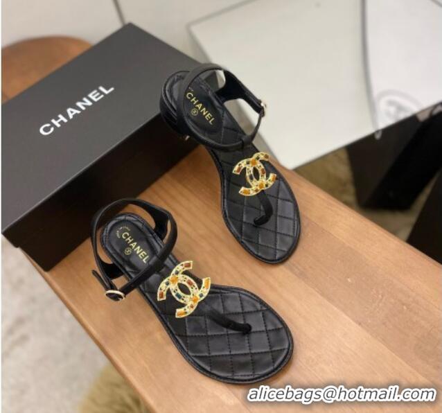 Lowest Price Chanel Lambskin Heel Thong Sandals 4cm with Stone CC Black 322113