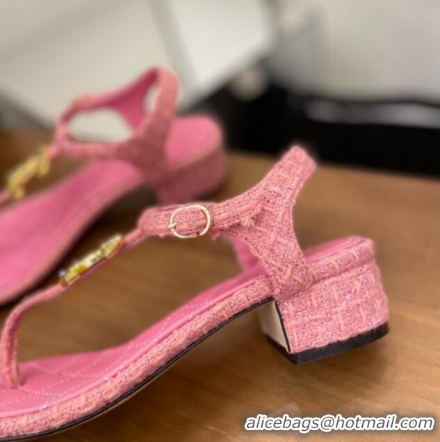 Sumptuous Chanel Tweed Heel Thong Sandals 4cm with Stone CC Pink 322114