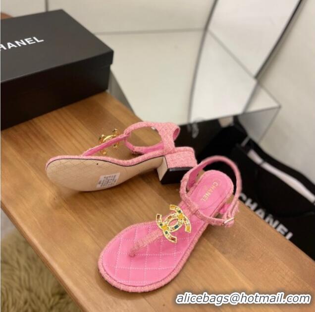 Sumptuous Chanel Tweed Heel Thong Sandals 4cm with Stone CC Pink 322114