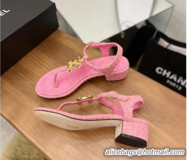 Sumptuous Chanel Tweed Heel Thong Sandals 4cm with Stone CC Pink 322114