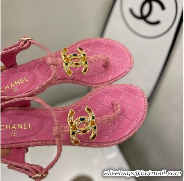 Sumptuous Chanel Tweed Heel Thong Sandals 4cm with Stone CC Pink 322114