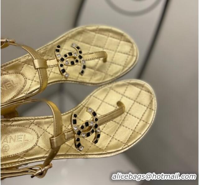 Perfect Chanel Lambskin Heel Thong Sandals 4cm with Stone CC Gold 322115