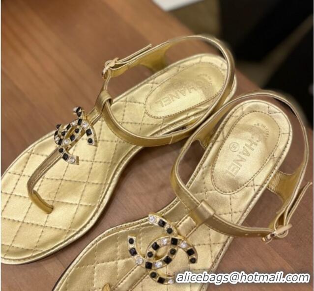 Perfect Chanel Lambskin Heel Thong Sandals 4cm with Stone CC Gold 322115