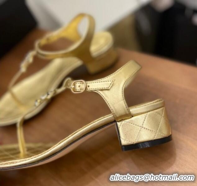 Perfect Chanel Lambskin Heel Thong Sandals 4cm with Stone CC Gold 322115