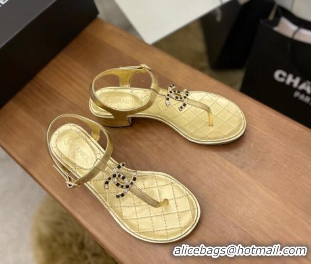 Perfect Chanel Lambskin Heel Thong Sandals 4cm with Stone CC Gold 322115