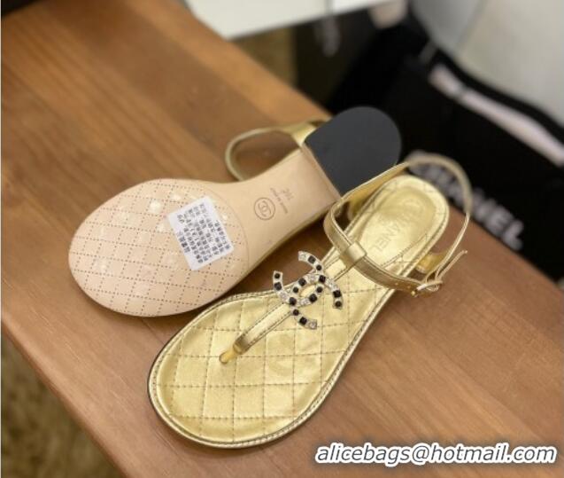 Perfect Chanel Lambskin Heel Thong Sandals 4cm with Stone CC Gold 322115