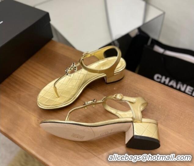 Perfect Chanel Lambskin Heel Thong Sandals 4cm with Stone CC Gold 322115