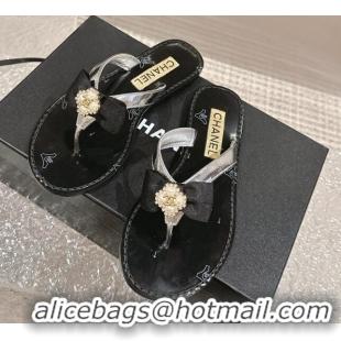 Buy Discount Chanel Calfskin Flat Slide Thong Sandals with Pearls Bow Silver 322116