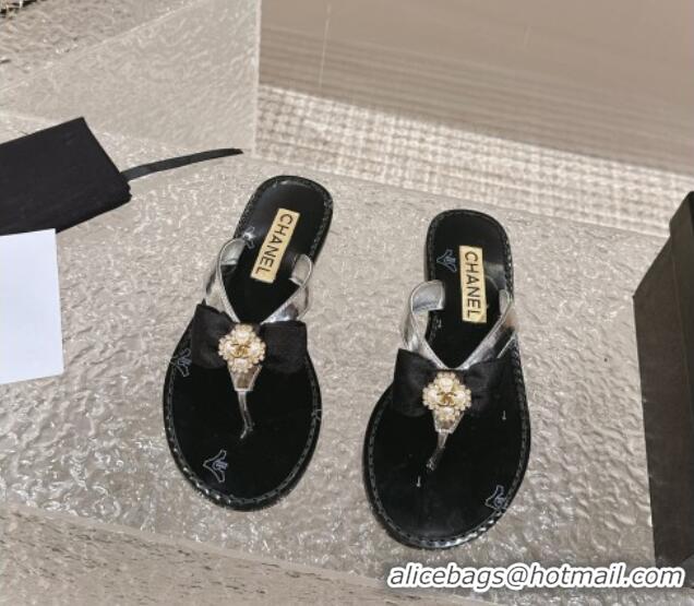 Buy Discount Chanel Calfskin Flat Slide Thong Sandals with Pearls Bow Silver 322116