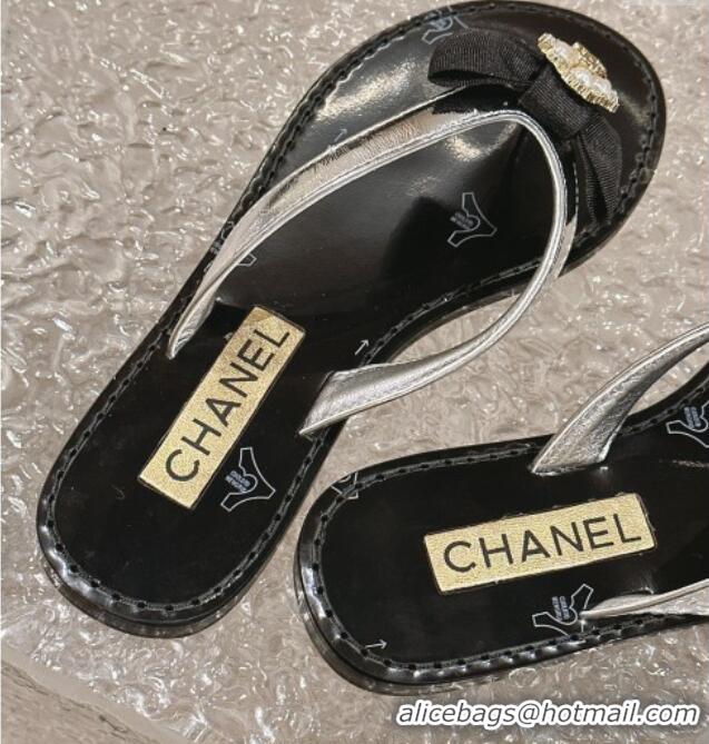 Buy Discount Chanel Calfskin Flat Slide Thong Sandals with Pearls Bow Silver 322116