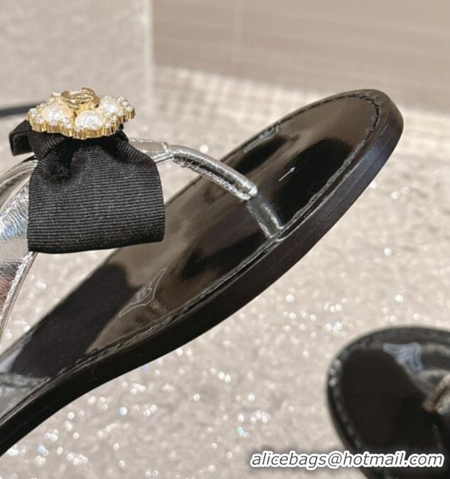 Buy Discount Chanel Calfskin Flat Slide Thong Sandals with Pearls Bow Silver 322116