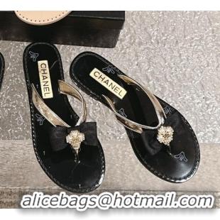 Best Price Chanel Calfskin Flat Slide Thong Sandals with Pearls Bow Gold 0322118