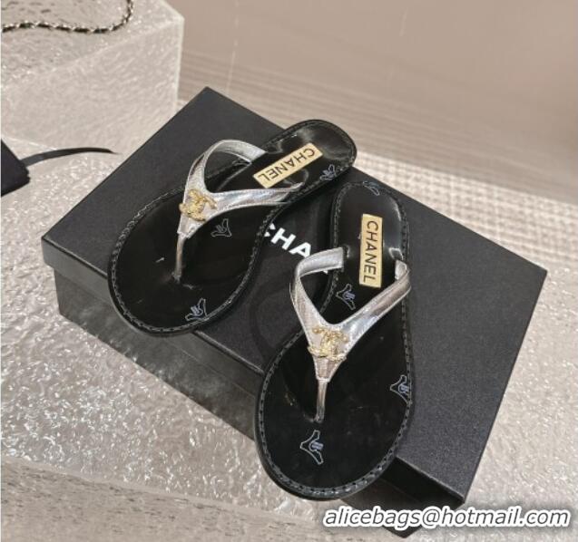 Luxury Chanel Calfskin Flat Slide Thong Sandals with Metal-Tone CC Silver 0322119