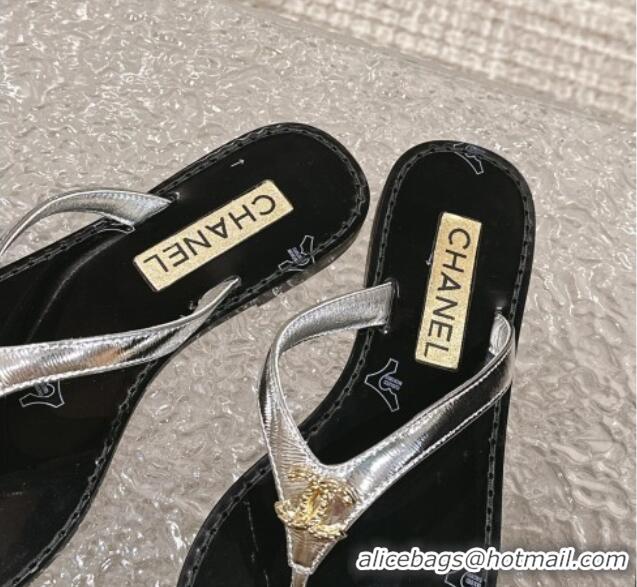 Luxury Chanel Calfskin Flat Slide Thong Sandals with Metal-Tone CC Silver 0322119