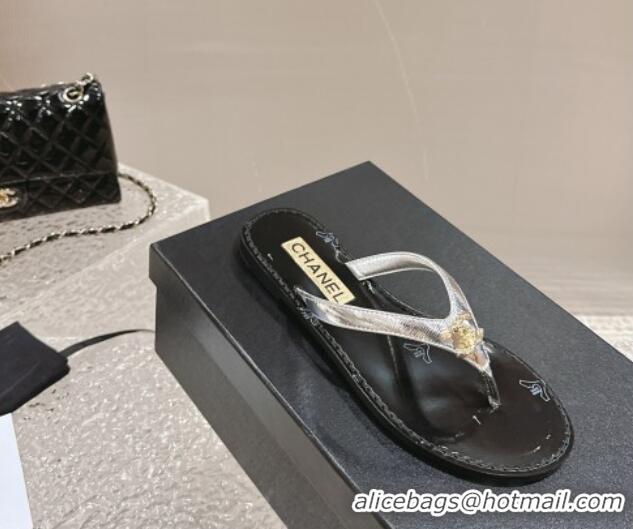 Luxury Chanel Calfskin Flat Slide Thong Sandals with Metal-Tone CC Silver 0322119