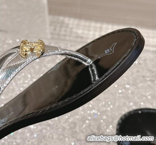 Luxury Chanel Calfskin Flat Slide Thong Sandals with Metal-Tone CC Silver 0322119