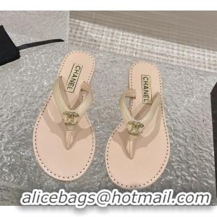 Sumptuous Chanel Calfskin Flat Slide Thong Sandals with Metal-Tone CC Beige 322120