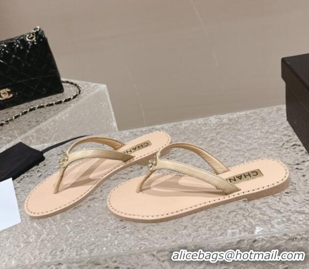 Sumptuous Chanel Calfskin Flat Slide Thong Sandals with Metal-Tone CC Beige 322120