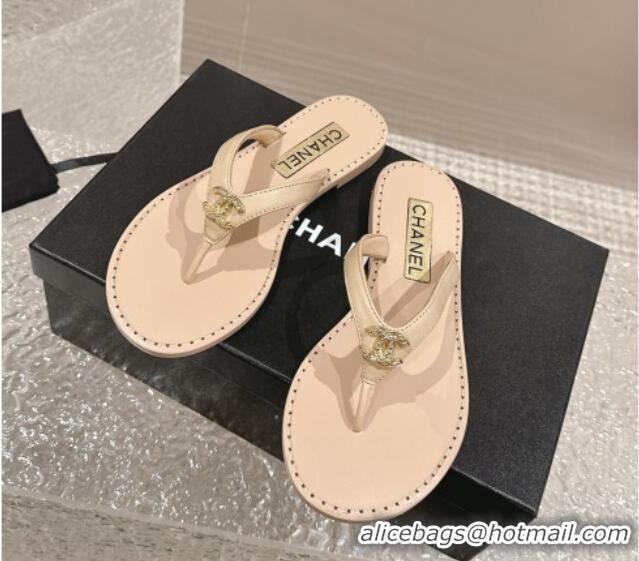 Sumptuous Chanel Calfskin Flat Slide Thong Sandals with Metal-Tone CC Beige 322120