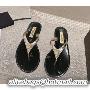 Top Grade Chanel Calfskin Flat Slide Thong Sandals with Metal-Tone CC Black 322121