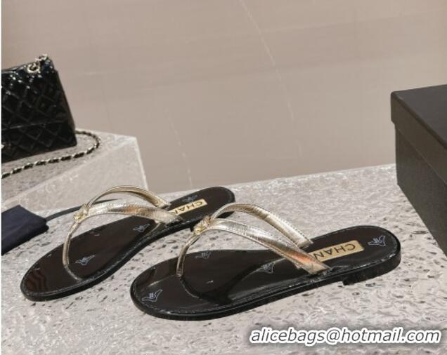 Top Grade Chanel Calfskin Flat Slide Thong Sandals with Metal-Tone CC Black 322121