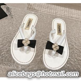 Unique Style Chanel Calfskin Flat Slide Thong Sandals with Pearl Bow White 322122