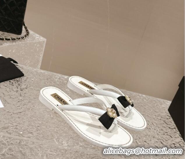 Unique Style Chanel Calfskin Flat Slide Thong Sandals with Pearl Bow White 322122