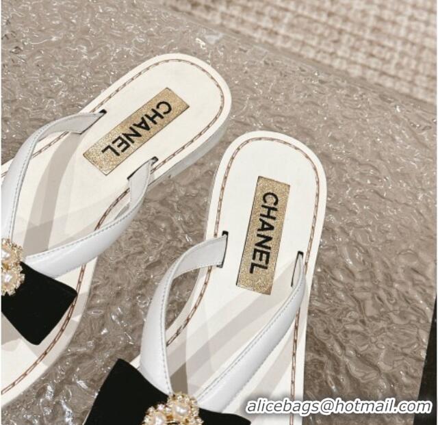 Unique Style Chanel Calfskin Flat Slide Thong Sandals with Pearl Bow White 322122