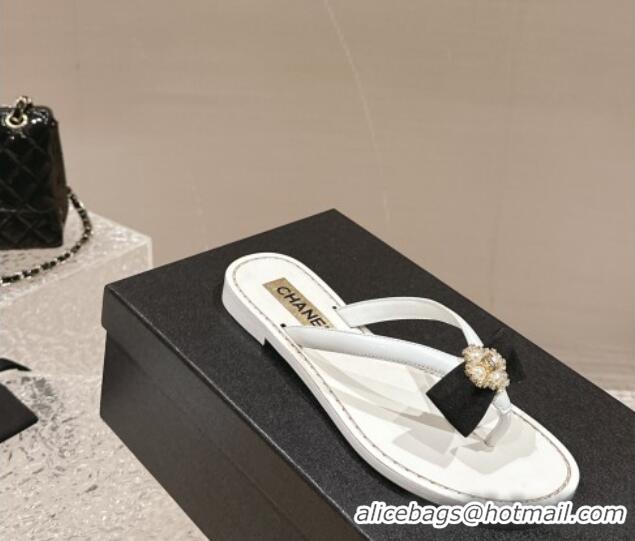 Unique Style Chanel Calfskin Flat Slide Thong Sandals with Pearl Bow White 322122