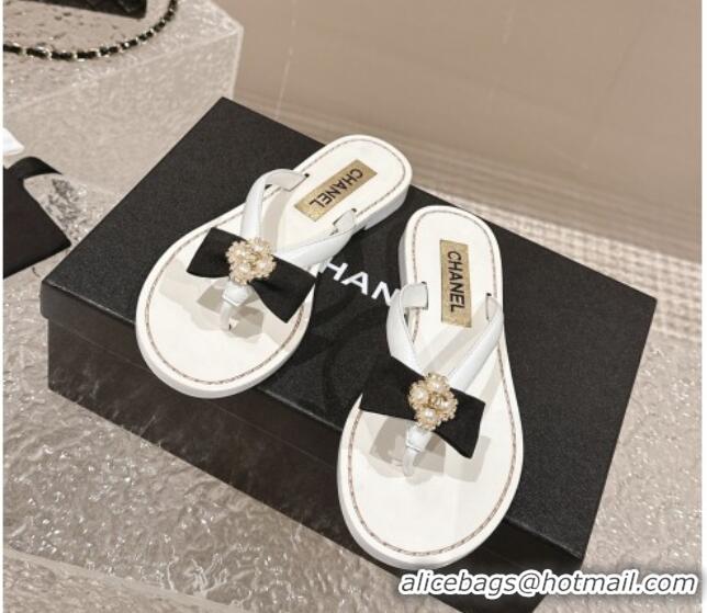 Unique Style Chanel Calfskin Flat Slide Thong Sandals with Pearl Bow White 322122