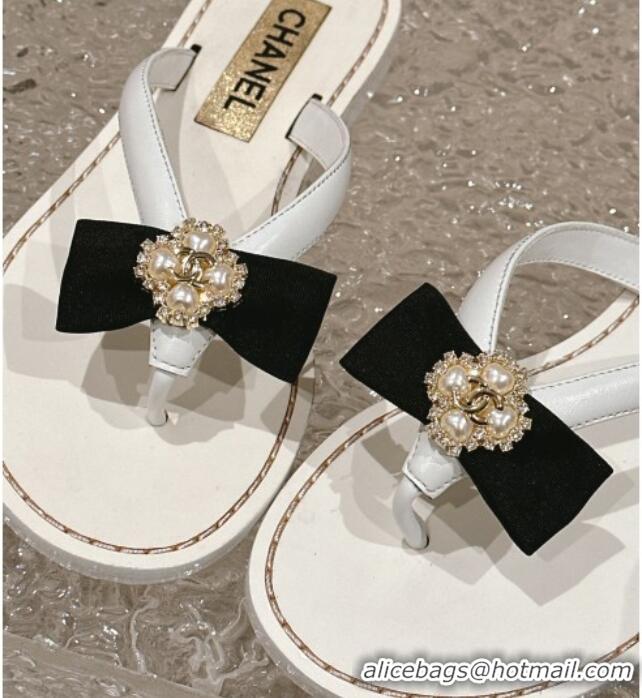 Unique Style Chanel Calfskin Flat Slide Thong Sandals with Pearl Bow White 322122