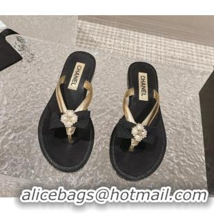 Grade Quality Chanel Calfskin Flat Slide Thong Sandals with Pearl Bow Gold 322123