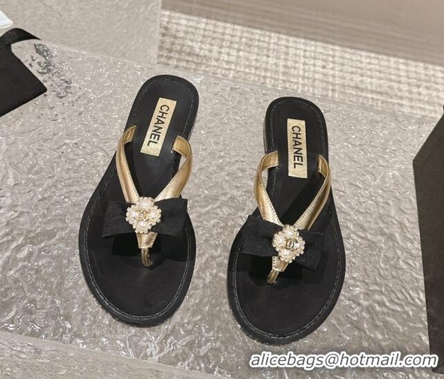 Grade Quality Chanel Calfskin Flat Slide Thong Sandals with Pearl Bow Gold 322123