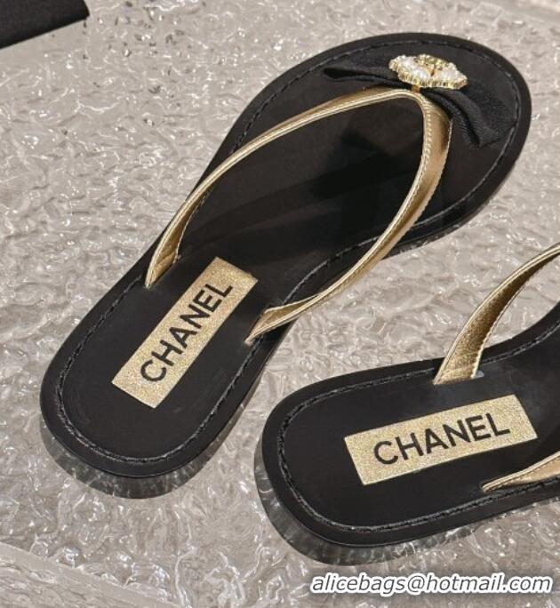 Grade Quality Chanel Calfskin Flat Slide Thong Sandals with Pearl Bow Gold 322123