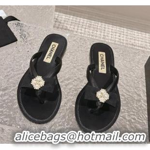 Good Quality Chanel Calfskin Flat Slide Thong Sandals with Pearl Bow Black 0322124