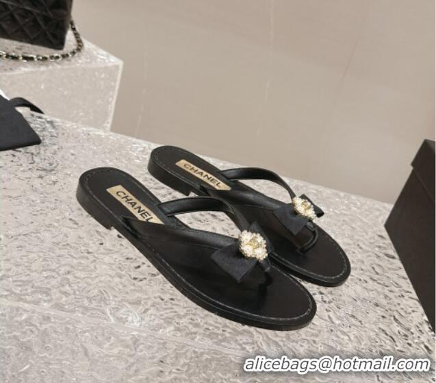 Good Quality Chanel Calfskin Flat Slide Thong Sandals with Pearl Bow Black 0322124