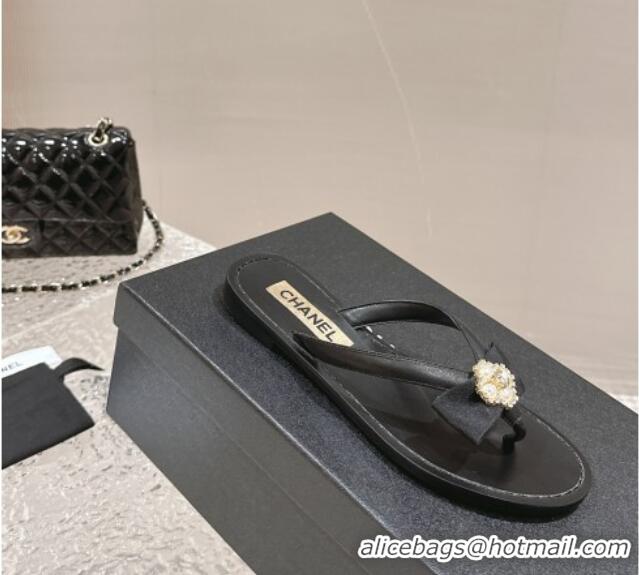 Good Quality Chanel Calfskin Flat Slide Thong Sandals with Pearl Bow Black 0322124