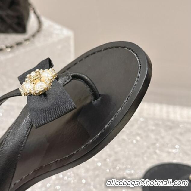 Good Quality Chanel Calfskin Flat Slide Thong Sandals with Pearl Bow Black 0322124